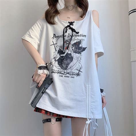 Egirl Dark Grunge Anime Off Shoulder White T Shirt Aesthetics Boutique