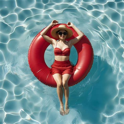 Woman In Red Bikini Floating On A Pool Float Premium AI Generated Image