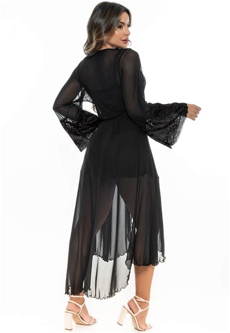 Robe Feminino Gabi Lingerie Longo Tule Renda Sexy Roup O Sensual Noiva Preto Compre Agora