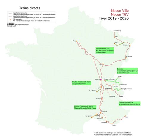 Carte des trains directs au départ de Macon en 2020