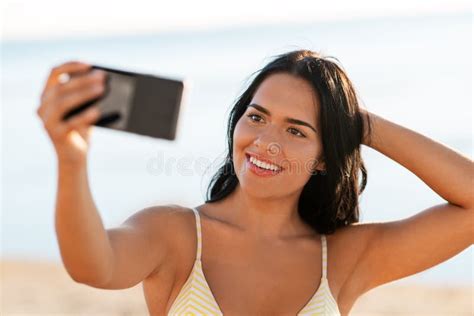 Pretty Woman Bikini Taking Selfie Beach Stock Photos Free