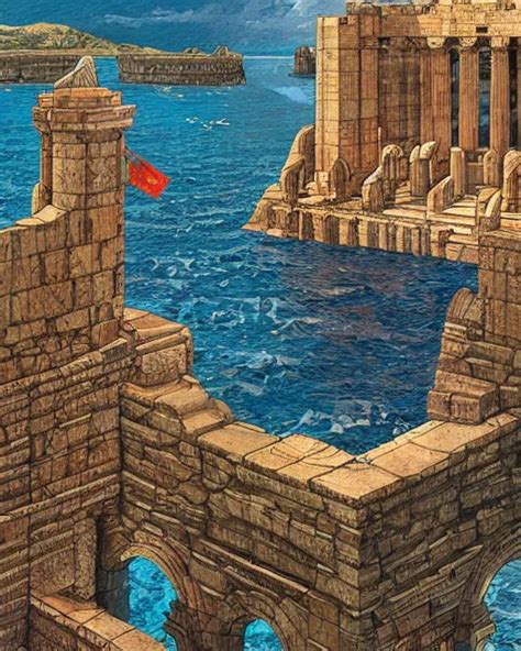 An Ancient Greek Castle In The Middle Of Water Stable Diffusion