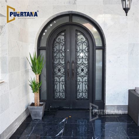 Arched Top Wrought Iron French Double Front Entry Door With Sidelights And Transom Exterior Steel