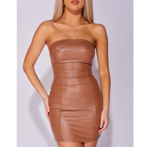 Dresses Brown Faux Leather Vegan Leather Strapless Bodycon Mini Dress