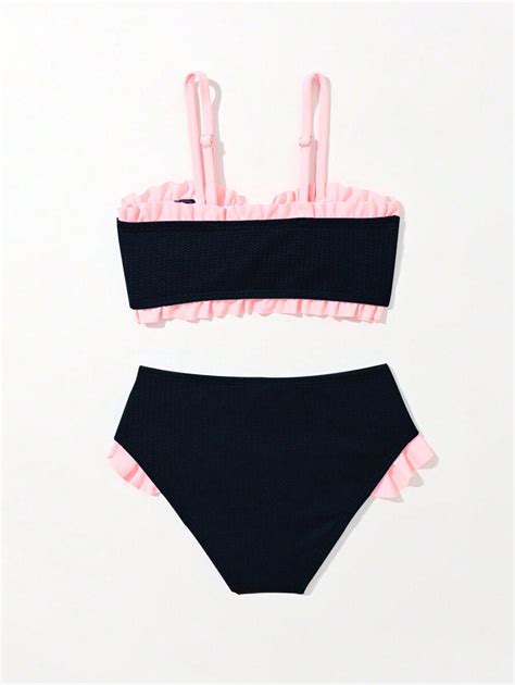 Conjunto De Bikini Con Parte Superior E Inferior De Bloques De Color Con Borde Con Volante Para
