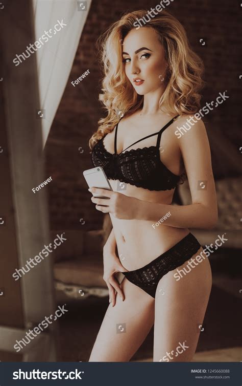 Sexy Beautiful Blonde Woman Blackunderclothes Stock Photo Shutterstock