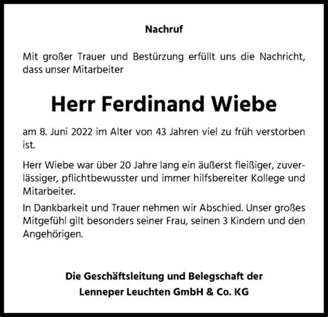 Traueranzeigen Von Ferdinand Wiebe Wirtrauern