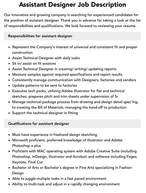 Assistant Designer Job Description Velvet Jobs