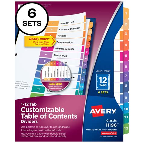 Avery Ready Index 12 Tab Binder Dividers Customizable Table Of