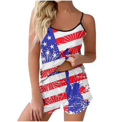 2024 Womens Independence Day Striped Flag Print Camisole Shorty