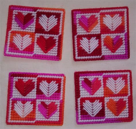 Set Of 4 Plastic Canvas Quilted Heart Coasters Bright Vibrant Etsy