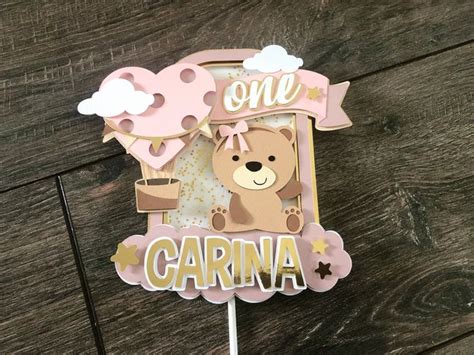 Pink Gold Teddy Bear Cake Topper Hot Air Balloon Cake Topper Etsy