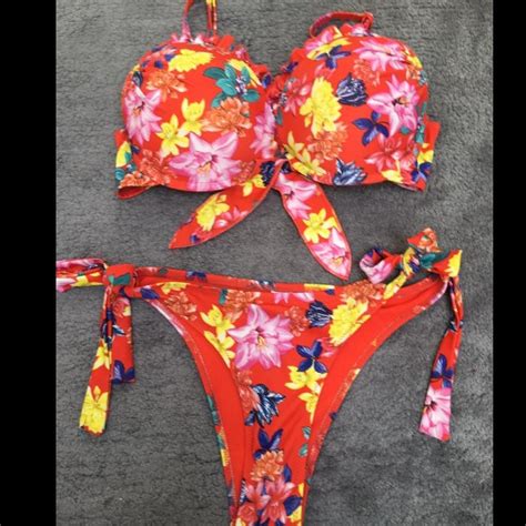 Red Tropical Bikini Set Top 34C Bottoms Size 10 Depop