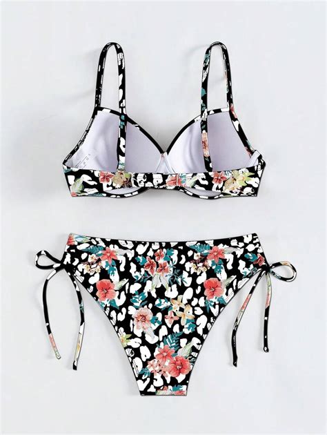 SHEIN Swim Conjunto de bikini cruzado de impresión floral aleatoria