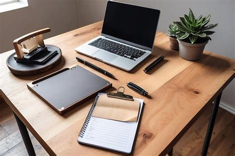 Premium Photo Simple Wood Desk With Clipboard And Laptop
