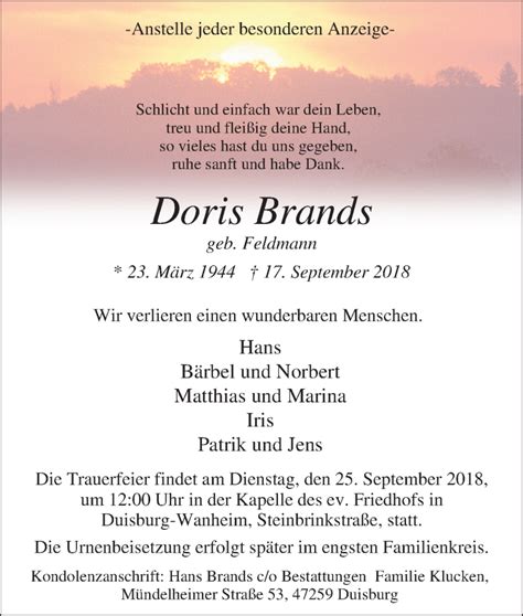 Traueranzeigen Von Doris Brands Trauer In Nrw De