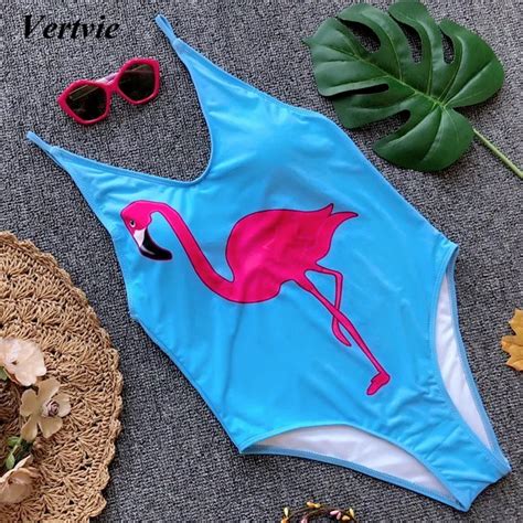 2019 Pink Flamingos Bikini Women One Piece SwimSuit High Cut Print