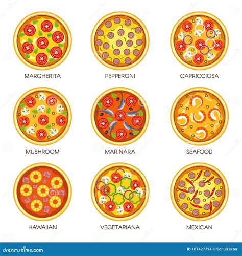 Delicious Pizzas with Various Fillings and Flavors Set Stock Vector ...