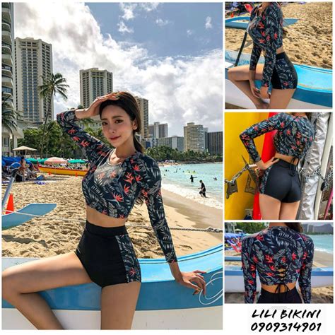 Có sẵn đồ bơi bikini mảnh dài tay cột dây lưng sexy phối hoạ tiết hoa xanh quần cạp cao trẻ