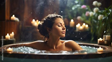 A Woman Relaxing In The Jacuzzi Of A Spa Eyes Closed And Relaxed In A Hot Water Bath Feeling