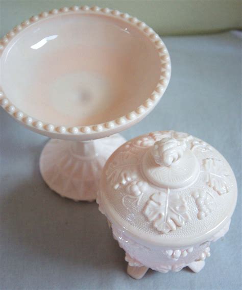 Pretty In Pink Milk Glass Covered Candy Dish And Compote Etsy