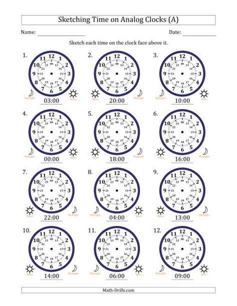 Sketching Time on 24 Hour Analog Clocks in One Hour Intervals (A) Time ...