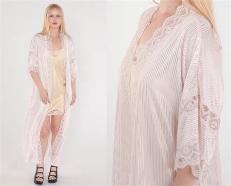 Pink Lace Robe S Semi Sheer Lingerie Robe Long Bed Jacket Open Front Peignoir Boudoir