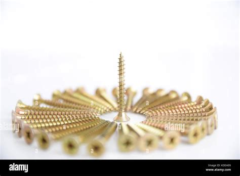 Circle Of Brass Screws On White Background With One Odd Man Out Stock