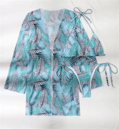 2022 Stock Two Colors Print Beach Kimono Sexi Women 3pieces Bathing Suit Basic Bikini Set Buy