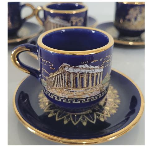 Vintage Greek Demitasse Cups Saucers Set Of 5 Sk Hand Made Etsy