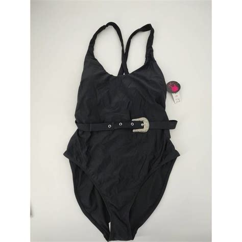 No Boundaries Swimsuit Womens XL Black Bikini Criss Cross Belted One Piece Black One