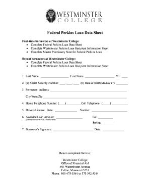 Fillable Online Westminster Mo Federal Perkins Loan Data Sheet