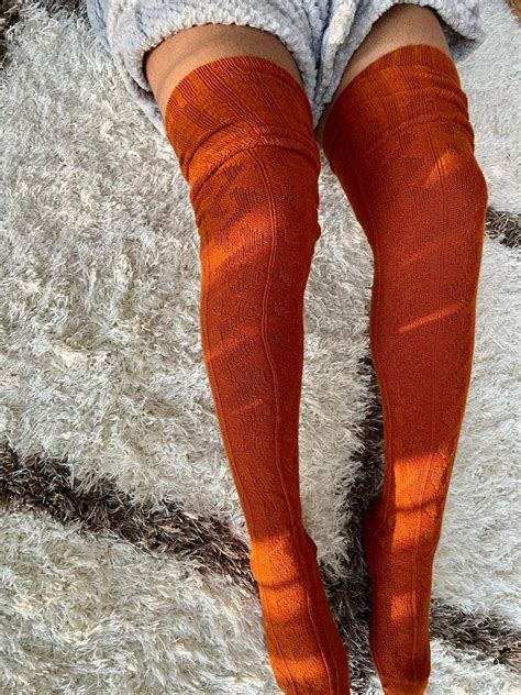 Extra Long Thigh High Cable Knit Sweater Socks Womens Burnt Orange