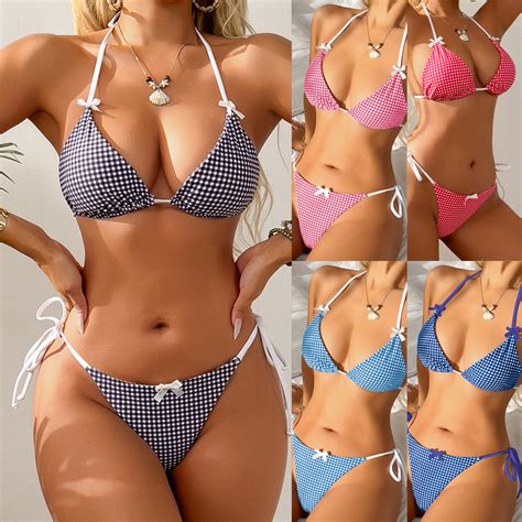 Fongt New Bikini Women S Split Swimsuit Print Small Lattice Triangle Bag Sexy Swimsuit