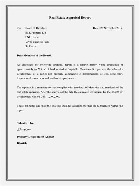 Real Estate Appraisal Report Cover Letter Pdf