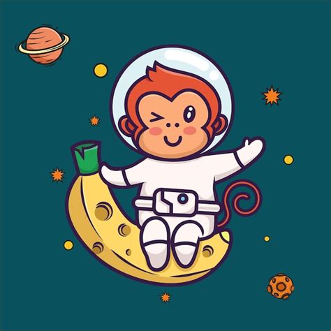 Dibujos Animados Flotantes Lindo Mono Astronauta Vector Premium