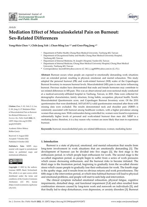 Pdf Mediation Effect Of Musculoskeletal Pain On Burnout Sex Related Differences