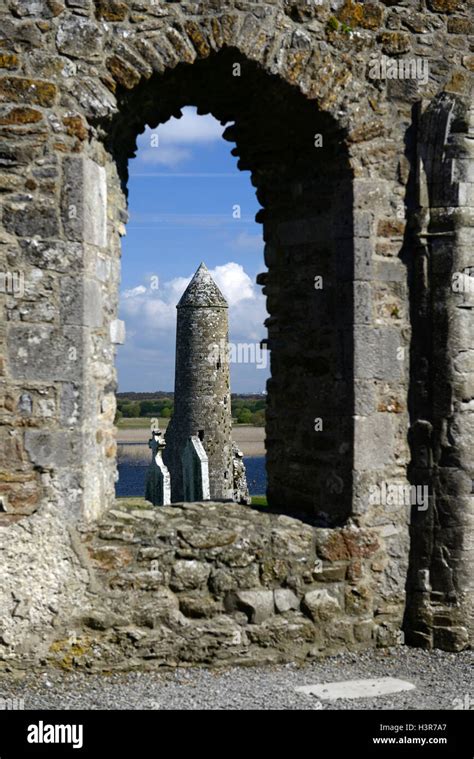 Stone round tower high cross crosses Clonmacnoise Monastery monastic settlement Offaly RM ...