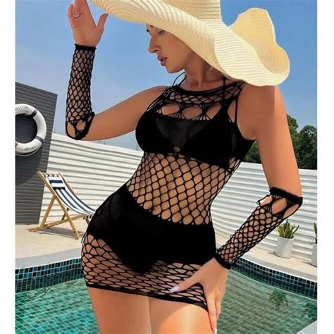 Robe de plage Bikini en maille transparente à manches longues pour femme vêtement de plage sexy