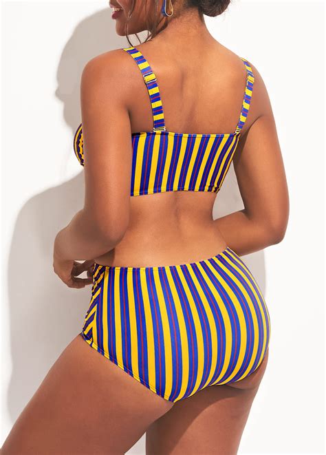 High Waist Cross Front Cutout Striped Bikini Set Rosewe Usd