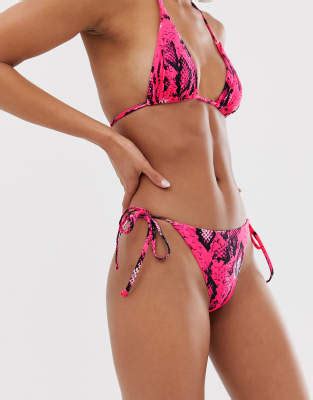 Asos Design Mix And Match Sleek Tie Side Bikini Bottom In Pink Neon Snake Print Asos