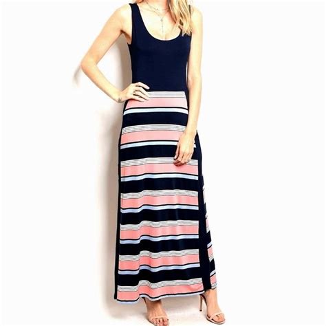 Womens Fashion Racerback Navy Pink Stripe Sleeveless Casual Maxi