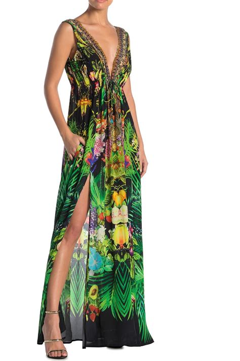 Designer Printed Maxi Dress Plunging V Neck Dress Shahida Parides