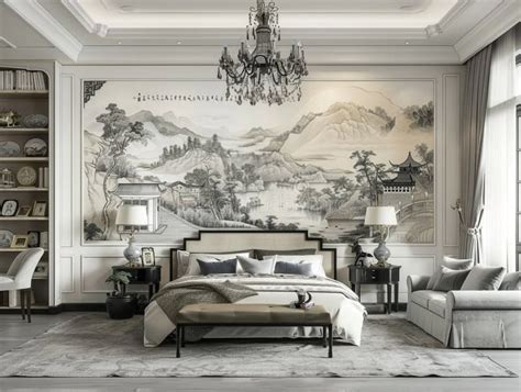 High End Luxury Bedroom Wall With Large Decorative Paint Of Chinese
