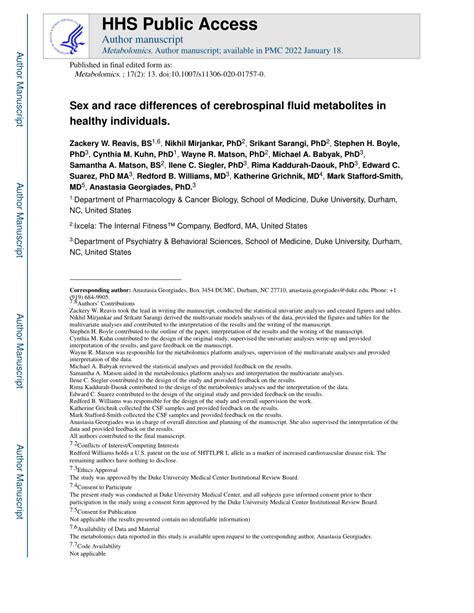 PDF Sex And Race Differences Of Cerebrospinal Fluid Metabolites In
