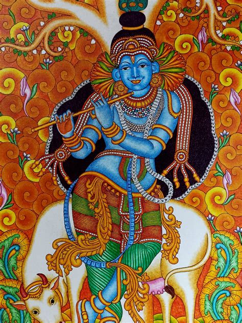 Standing Lord Krishna Playing Flute With Cow Acrylic Painting On