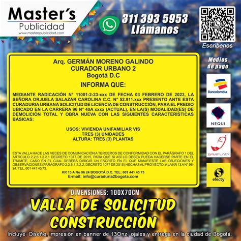 Valla para Solicitud de Construcción en cop 60 000 Amarilla