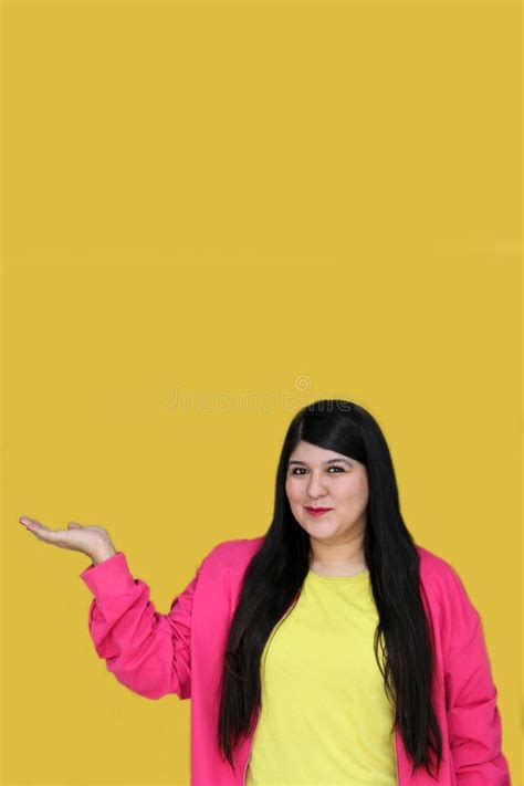 Latina Year Old Woman Points At Copy Space For Promotions And Discounts Stock Image Image