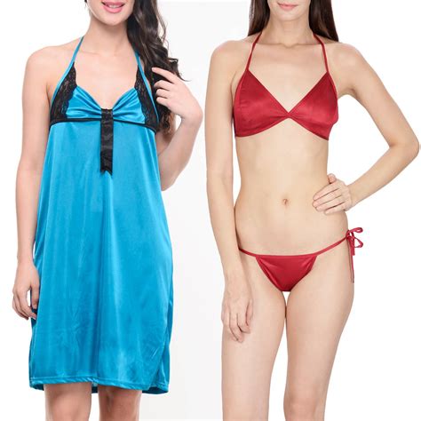 Buy Klamotten Satin Women Sexy Nightwear And Bikini Set Combo M