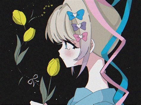 The Big ImageBoard TBIB Girl Black Background Blonde Hair Blue Bow